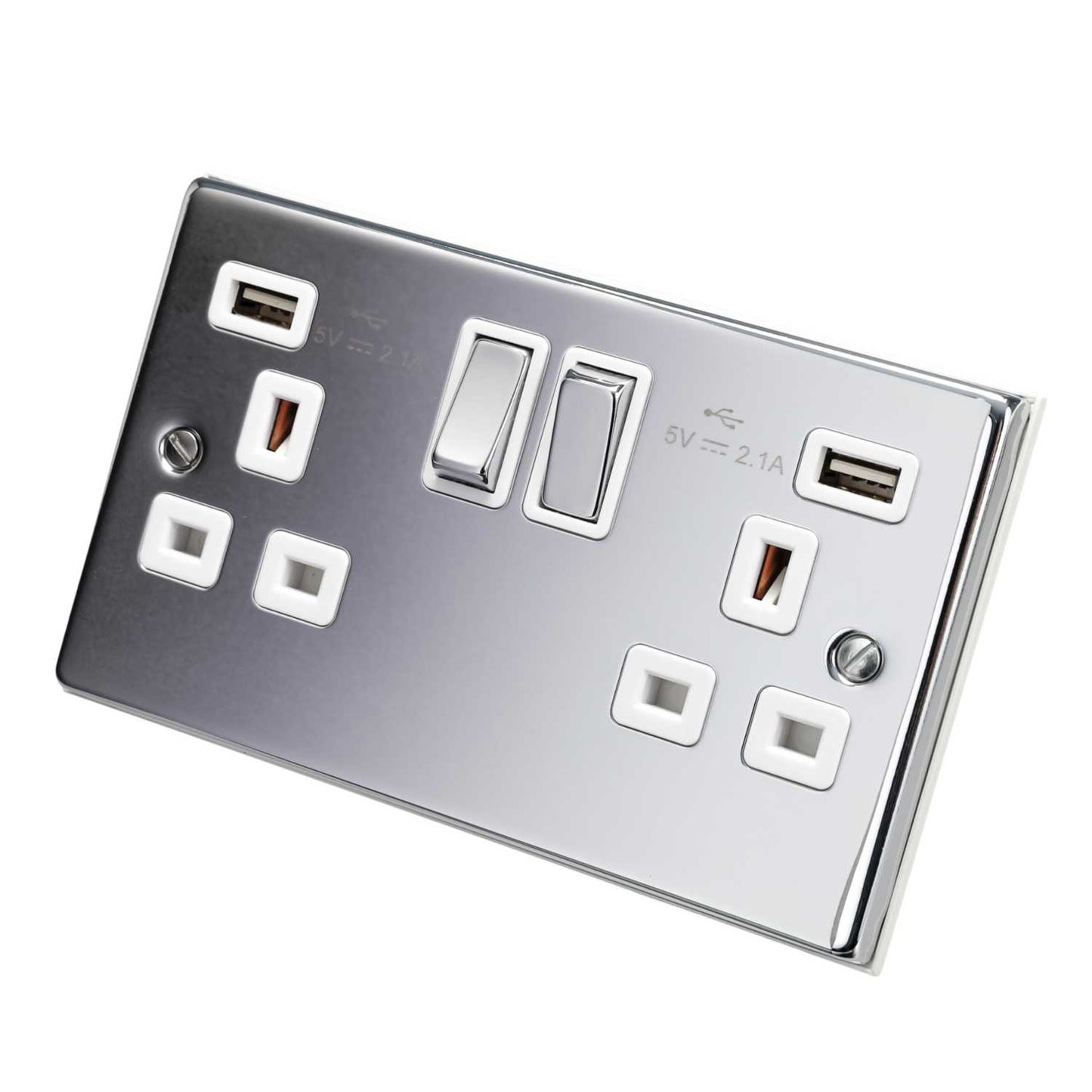 Scolmore Click Deco 13A 2 Gang Switched Socket with Twin USB Metal / White Insert Polished Chrome