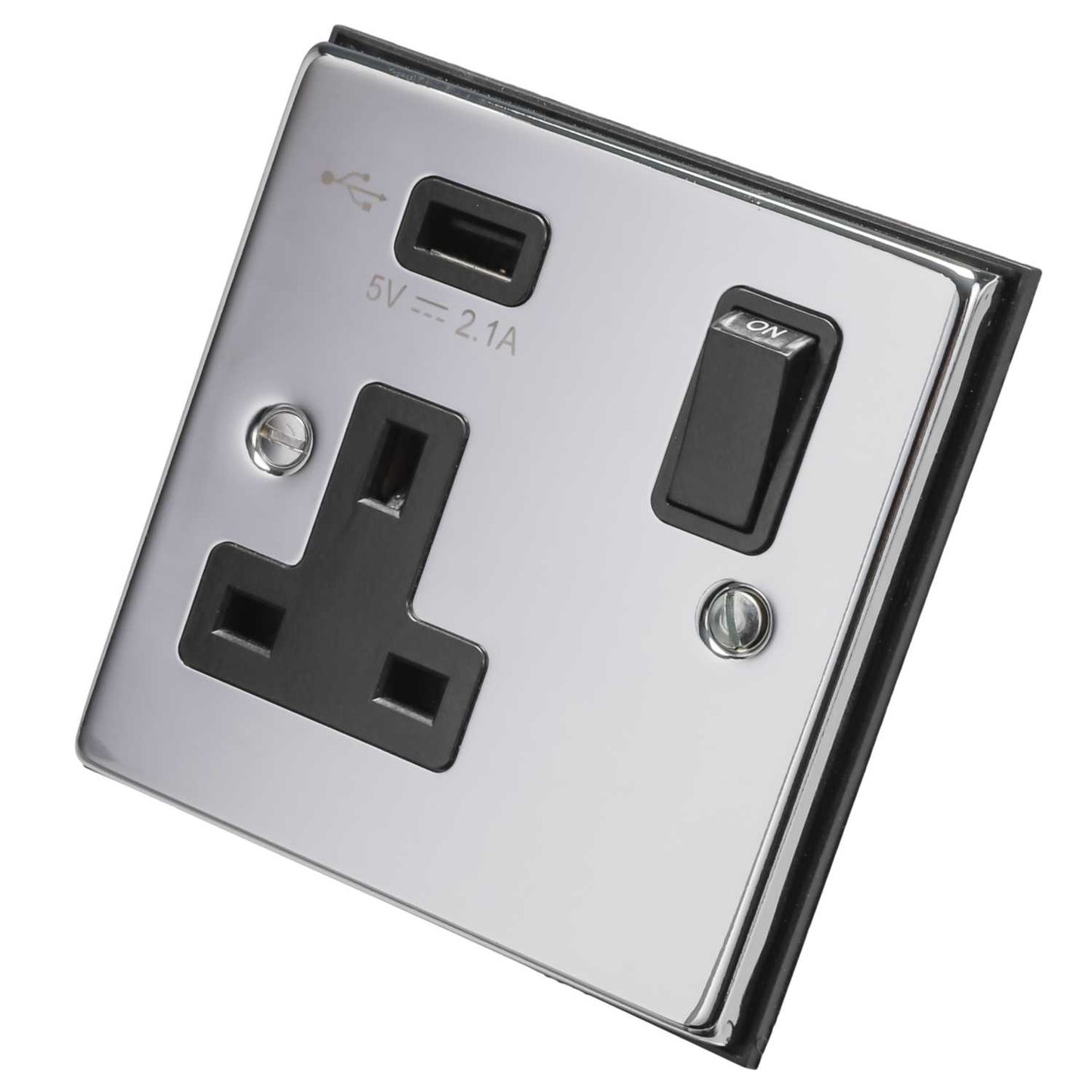 Scolmore Click Deco 13A 1 Gang Switched Socket with USB Outlet Black Insert Polished Chrome