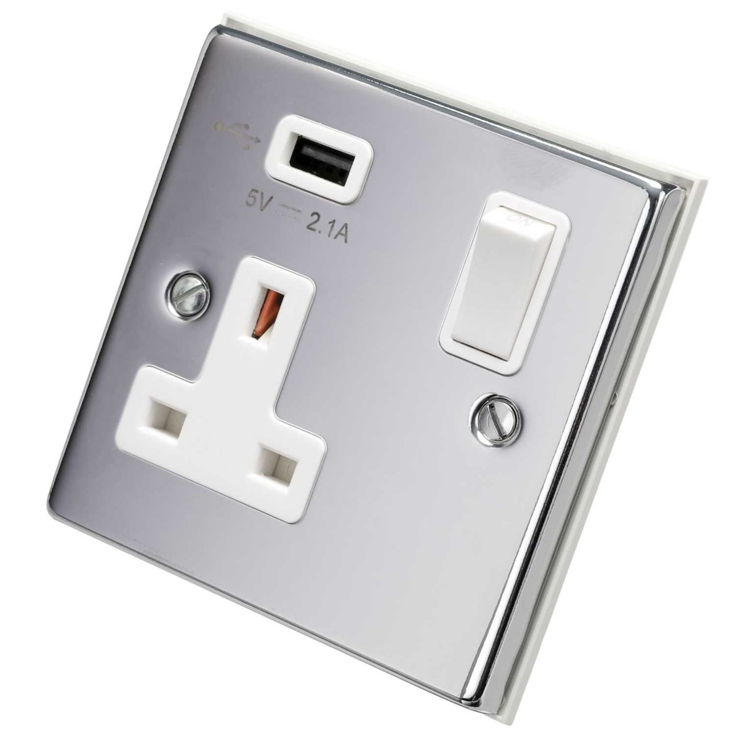Scolmore Click Deco 13A 1 Gang Switched Socket with USB Outlet White Insert Polished Chrome