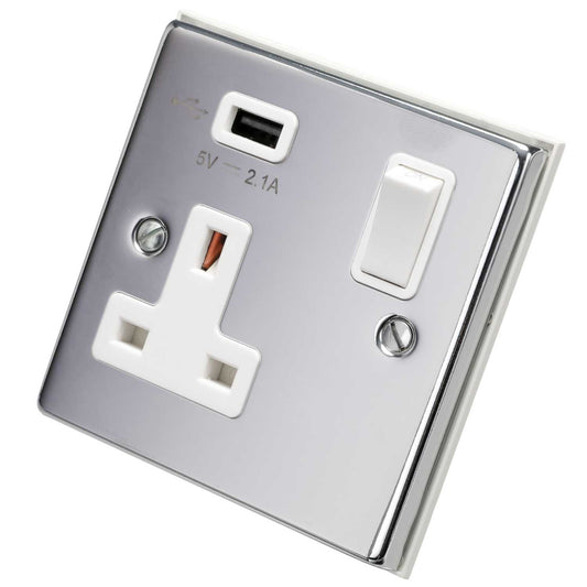 Scolmore Click Deco 13A 1 Gang Switched Socket with USB Outlet White Insert Polished Chrome