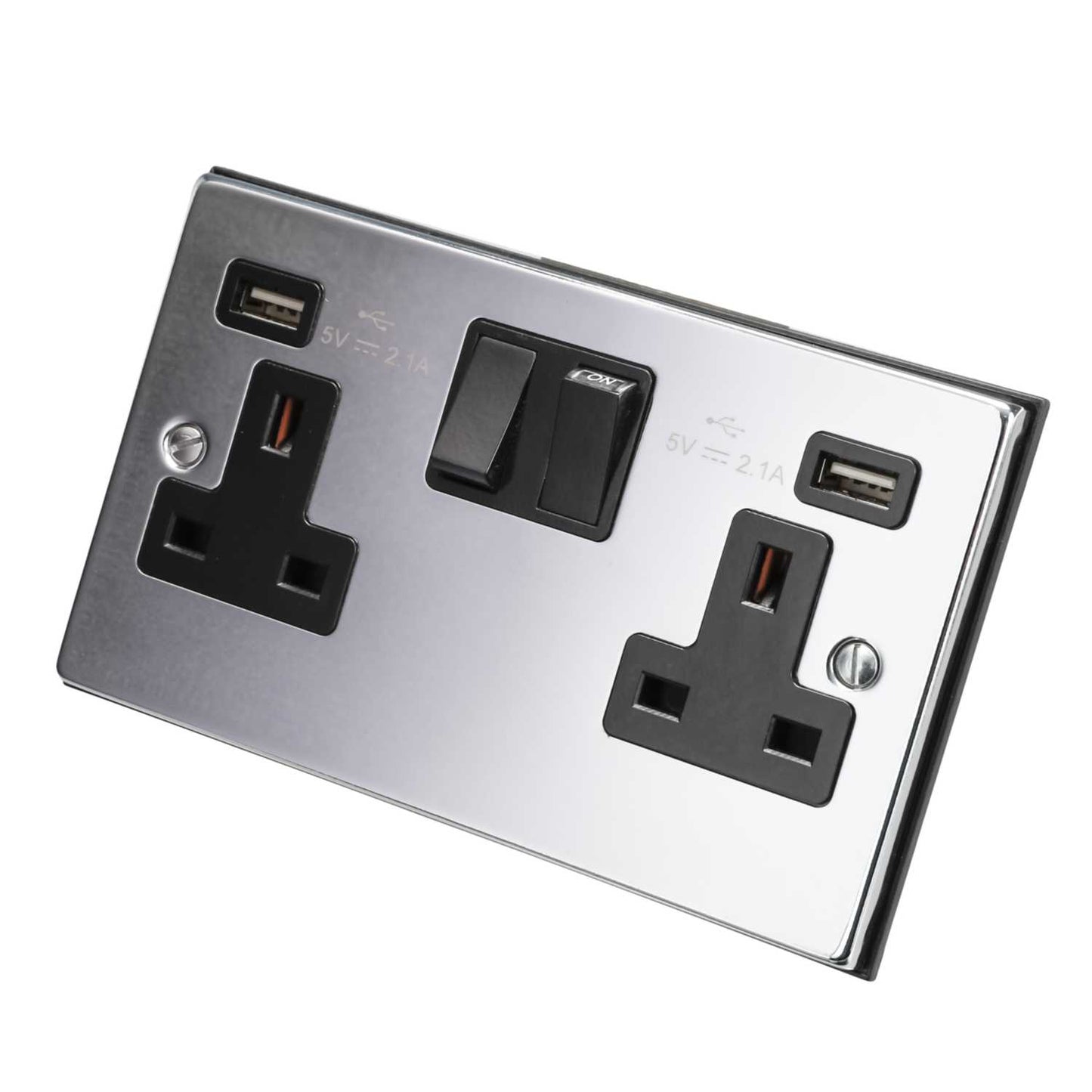 Scolmore Click Deco 13A 2 Gang Switched Socket with Twin USB Outlets Black Insert Polished Chrome