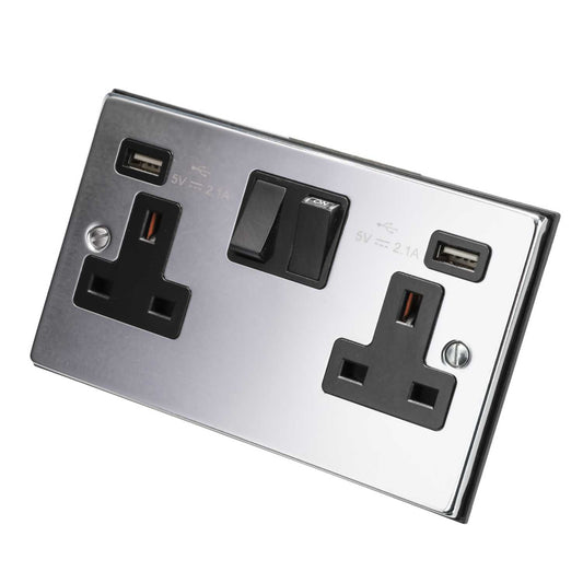Scolmore Click Deco 13A 2 Gang Switched Socket with Twin USB Outlets Black Insert Polished Chrome