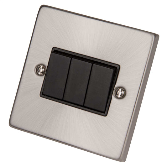 Scolmore Click Deco 10A 3 Gang 2 Way Switch Black Insert Satin Chrome