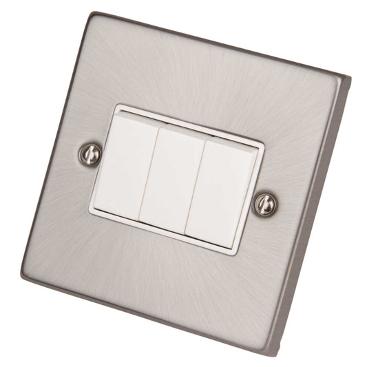 Scolmore Click Deco 10A 3 Gang 2 Way Switch White Insert Satin Chrome