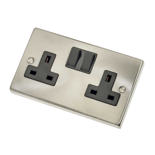 Scolmore Click Deco 13A DP 2 Gang Switched Socket Black Insert Satin Chrome