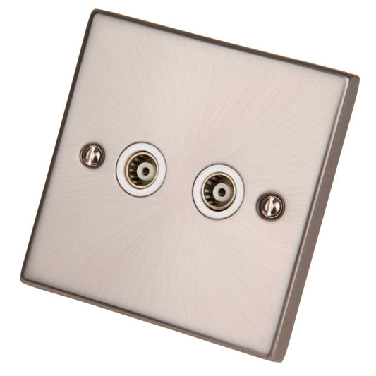 Scolmore Click Deco 1 Gang Isolated Twin Coaxial Socket White Insert Satin Chrome
