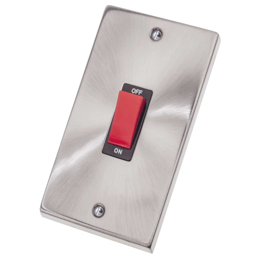 Scolmore Click Deco 45A DP 2 Gang Vertical Switch Black Insert Satin Chrome