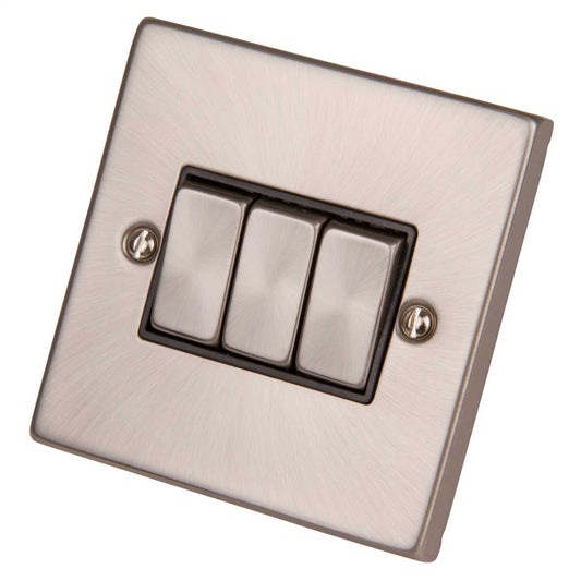 Scolmore Click Deco 10A 3 Gang 2 Way Switch Metal / Black Insert Satin Chrome