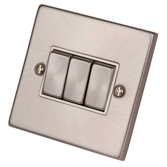 Scolmore Click Deco 10A 3 Gang 2 Way Switch Metal / White Insert Satin Chrome