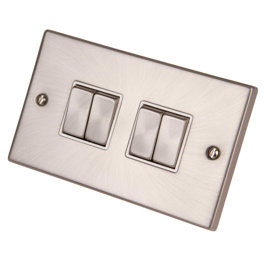 Scolmore Click Deco 10A 4 Gang 2 Way Switch Metal / White Insert Satin Chrome
