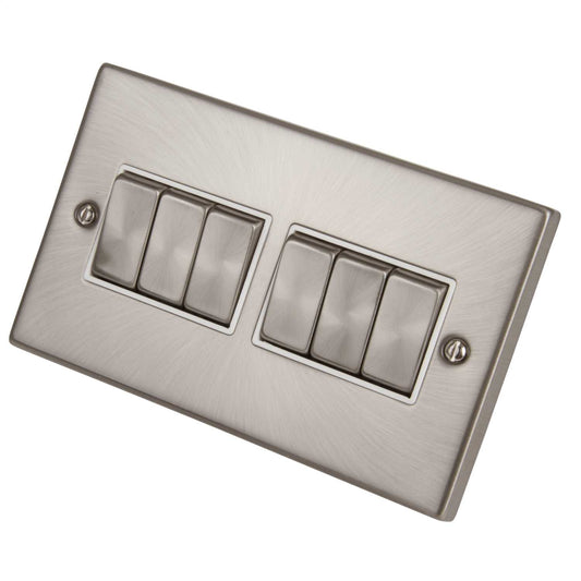 Scolmore Click Deco 10A 6 Gang 2 Way Switch Metal / White Insert Satin Chrome