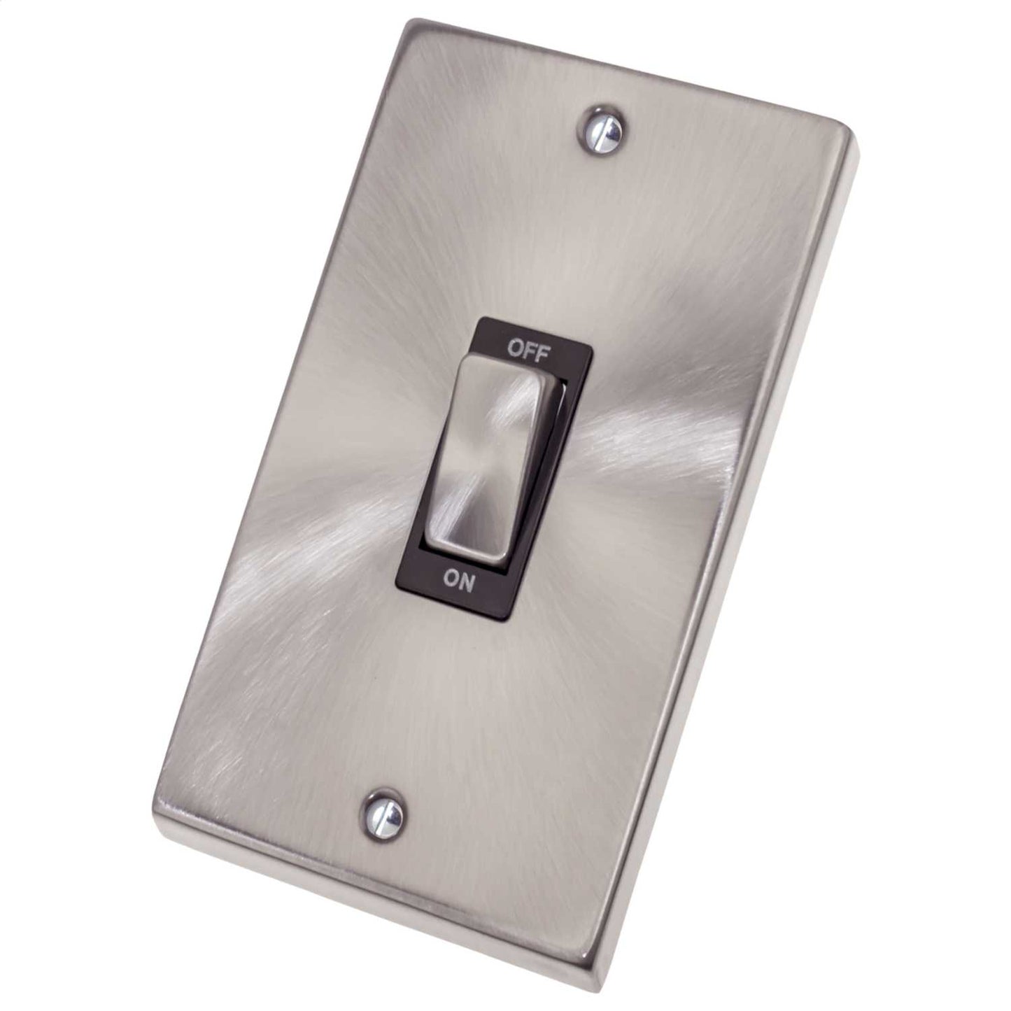 Scolmore Click Deco 45A DP 2 Gang Vertical Switch Metal / Black Insert Satin Chrome