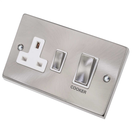 Scolmore Click Deco 45A DP Cooker Control Unit Metal / White Insert Satin Chrome