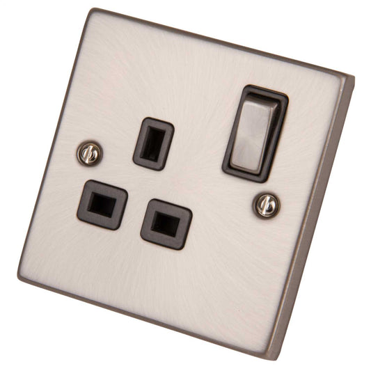 Scolmore Click Deco 13A DP 1 Gang Switched Socket Metal / Black Insert Satin Chrome
