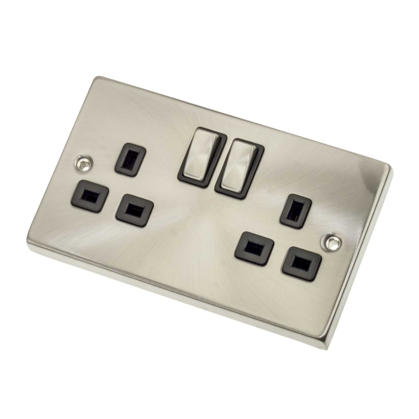 Scolmore Click Deco 13A DP 2 Gang Switched Socket Metal / Black Insert Satin Chrome