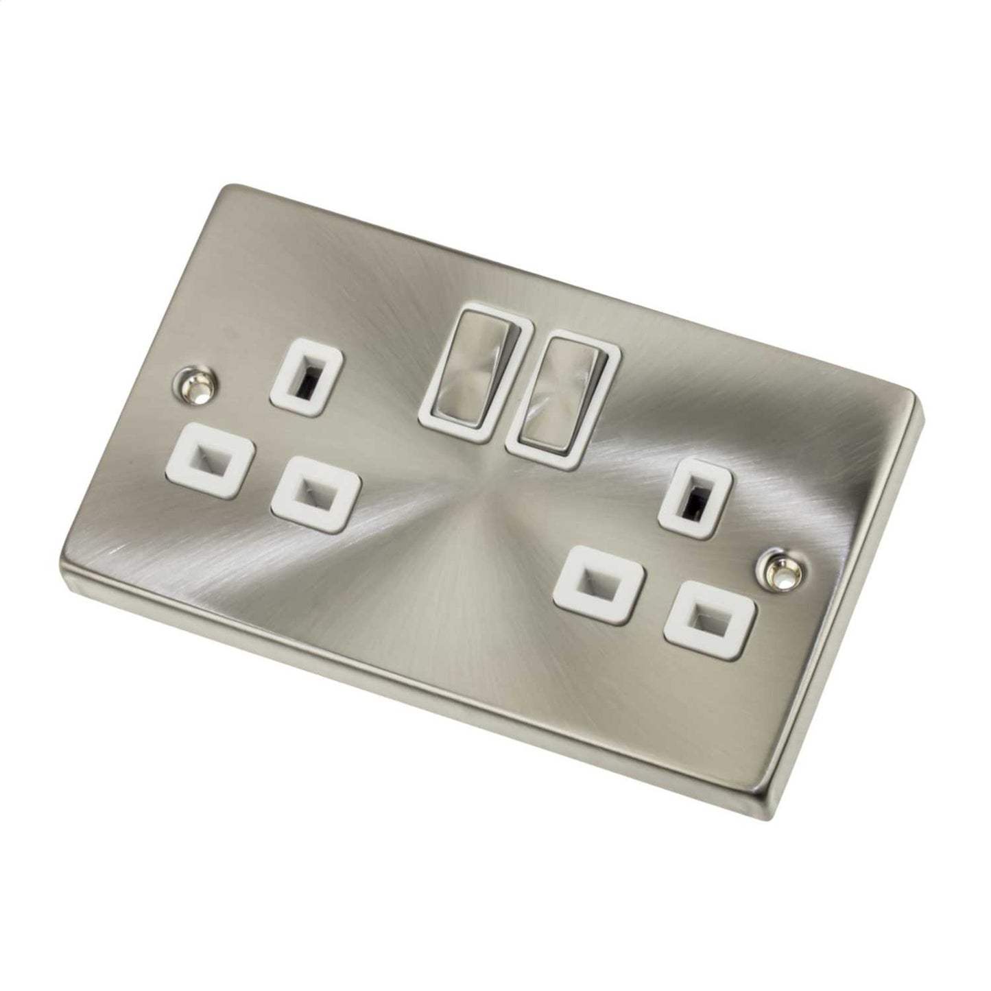 Scolmore Click Deco 13A DP 2 Gang Switched Socket Metal / White Insert Satin Chrome
