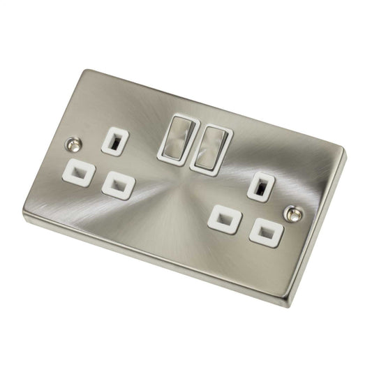 Scolmore Click Deco 13A DP 2 Gang Switched Socket Metal / White Insert Satin Chrome