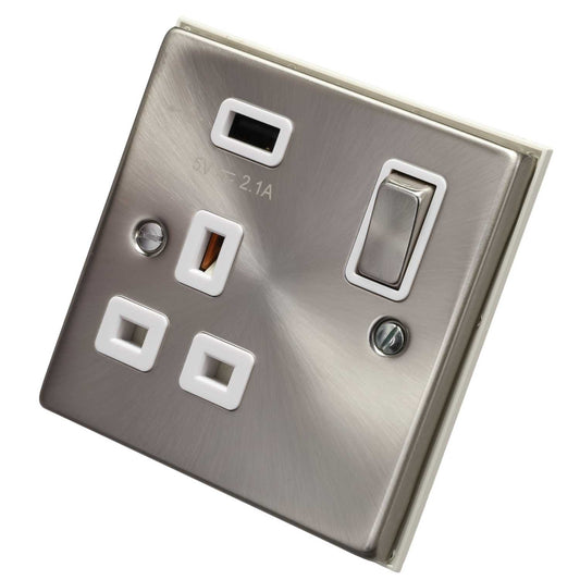 Scolmore Click Deco 13A 1 Gang Switched Socket with USB Outlet Metal / White Insert Satin Chrome