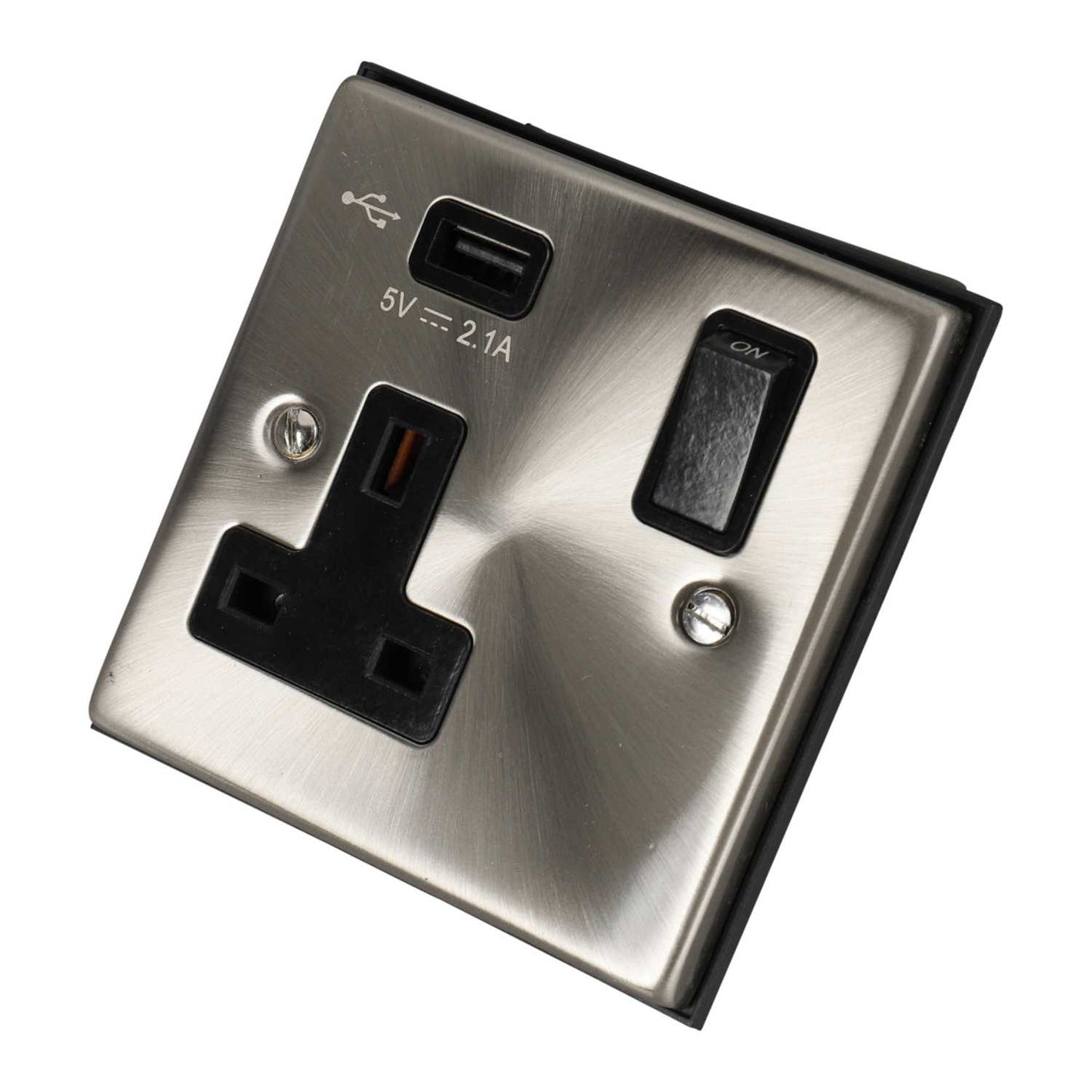 Scolmore Click Deco 13A 1 Gang Switched Socket with USB Outlet Metal / Black Insert Satin Chrome