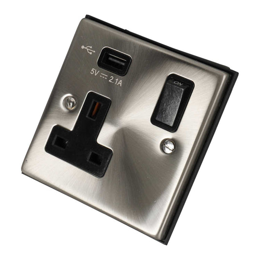 Scolmore Click Deco 13A 1 Gang Switched Socket with USB Outlet Metal / Black Insert Satin Chrome