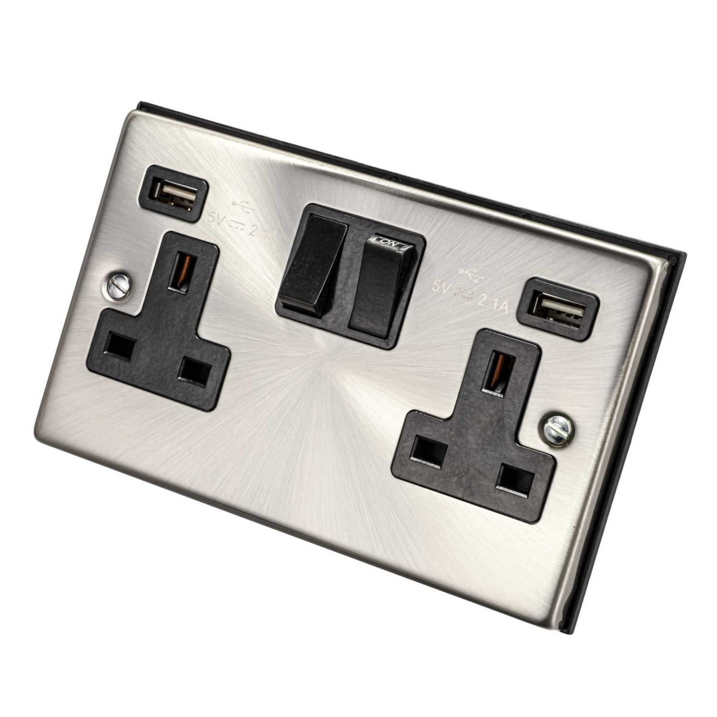 Scolmore Click Deco 13A 2 Gang Switched Socket with Twin USB Outlets Black Insert Satin Chrome