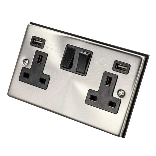 Scolmore Click Deco 13A 2 Gang Switched Socket with Twin USB Outlets Black Insert Satin Chrome