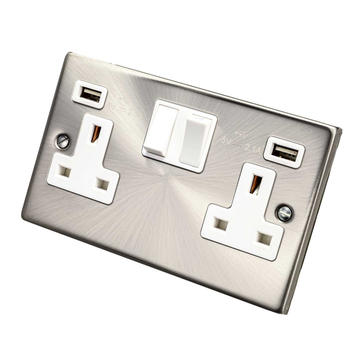 Scolmore Click Deco 13A 2 Gang Switched Socket with Twin USB Outlets White Insert Satin Chrome