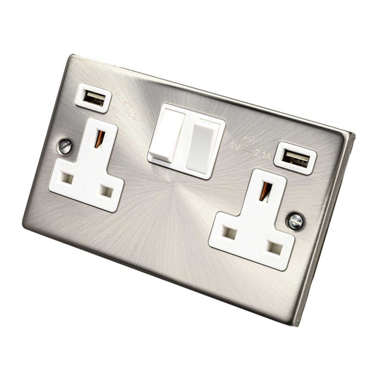 Scolmore Click Deco 13A 2 Gang Switched Socket with Twin USB Outlets White Insert Satin Chrome