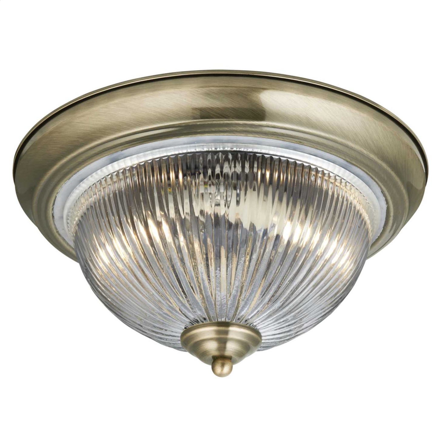 Searchlight Flush 2 Light Antique Brass Clear Ribbed Glass Ceiling Light