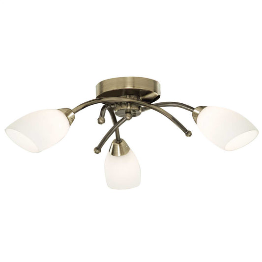 Searchlight Opera 3 Light Ceiling Light Antique Brass with Opal Glass