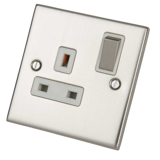LGA Selectric 5M 13A DP 1 Gang Switched Socket Metal / White Insert Satin Chrome