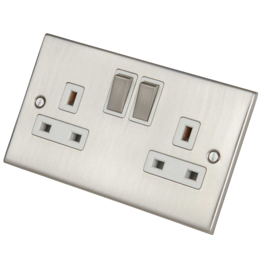 LGA Selectric 5M 13A DP 2 Gang Switched Socket Metal / White Insert Satin Chrome