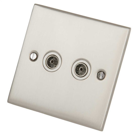 LGA Selectric 5M 1 Gang Twin Coaxial Socket White Insert Satin Chrome