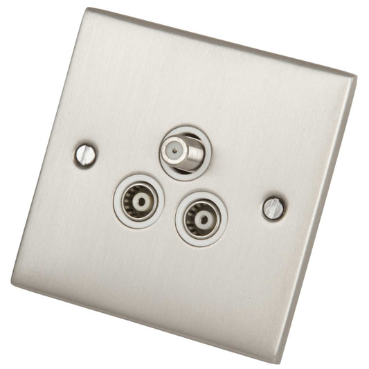 LGA Selectric 5M 1 Gang Satellite and Twin TV/FM Socket White Insert Satin Chrome