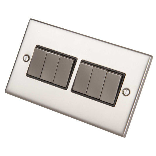 LGA Selectric 5M 10A 6 Gang 2 Way Switch Metal / Black Insert Satin Chrome