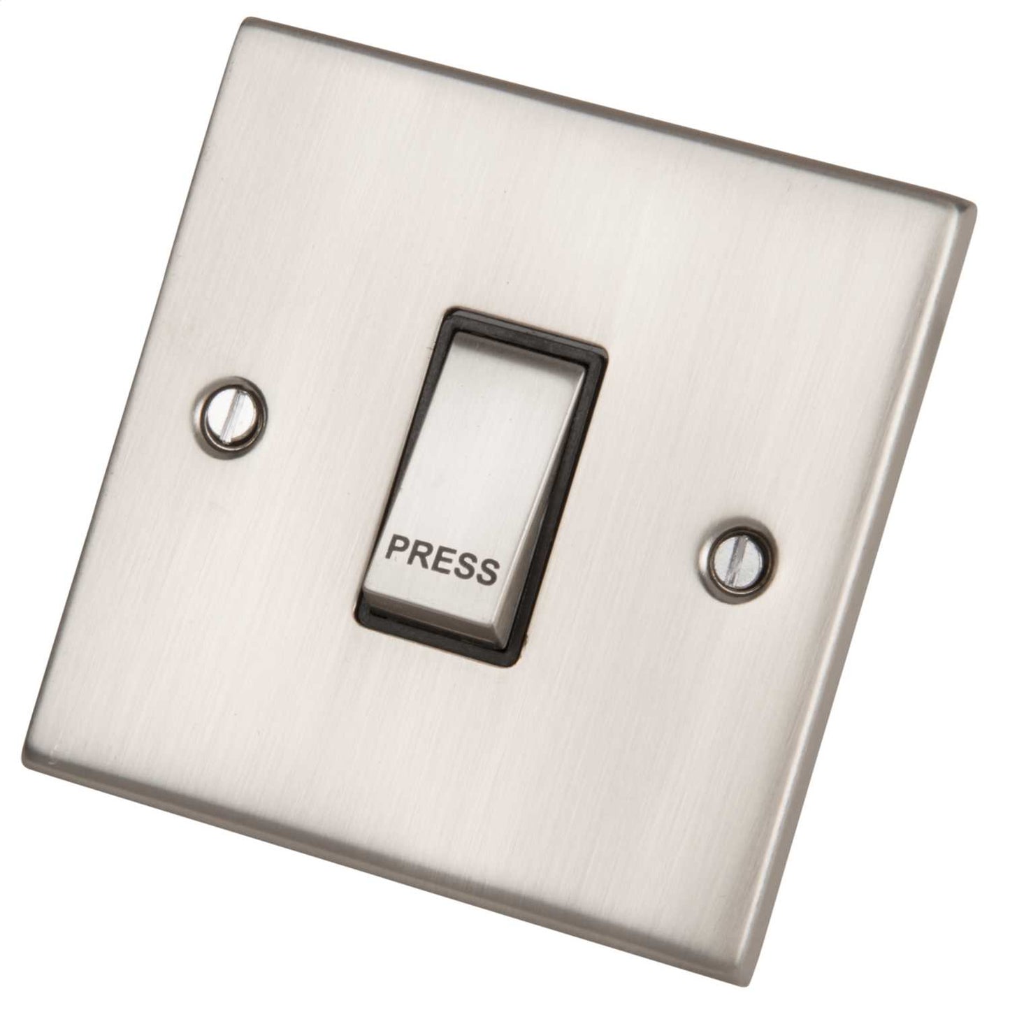 LGA Selectric 5M 10A Push Switch marked Press Metal / Black Insert Satin Chrome