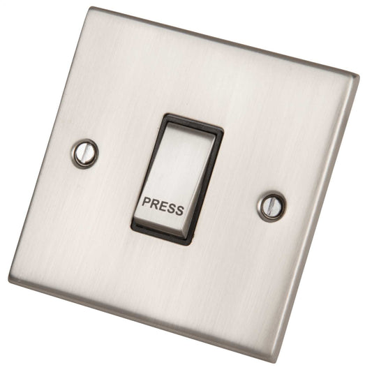 LGA Selectric 5M 10A Push Switch marked Press Metal / Black Insert Satin Chrome