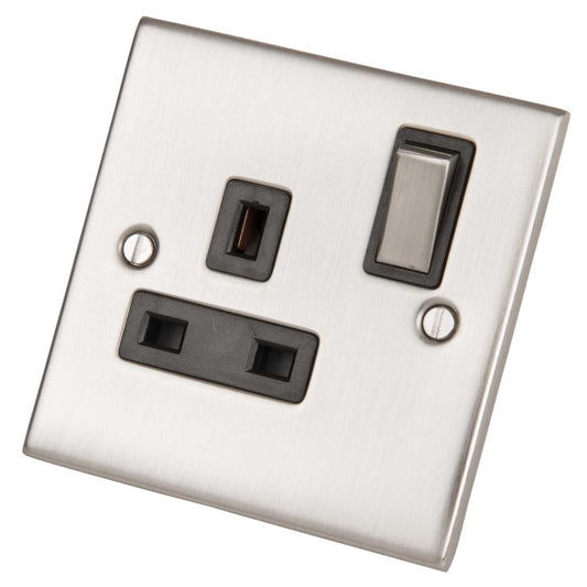 LGA Selectric 5M 13A DP 1 Gang Switched Socket Metal / Black Insert Satin Chrome