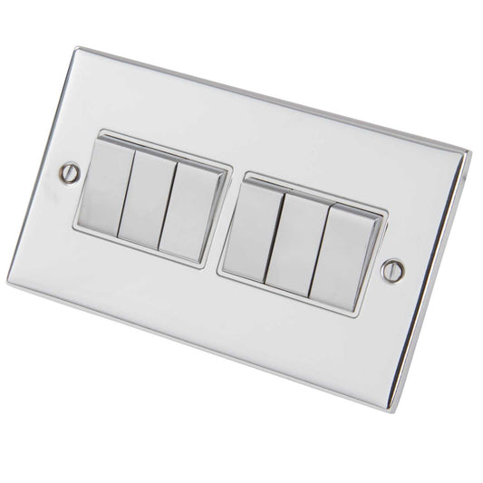 LGA Selectric 5M 10A 6 Gang 2 Way Switch Metal / White Insert Polished Chrome