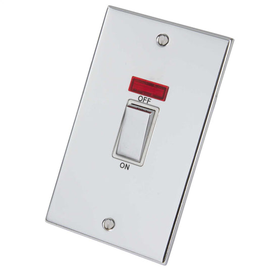 LGA Selectric 5M 45A DP 2 Gang Vertical Switch with Neon Metal / White Insert Polished Chrome