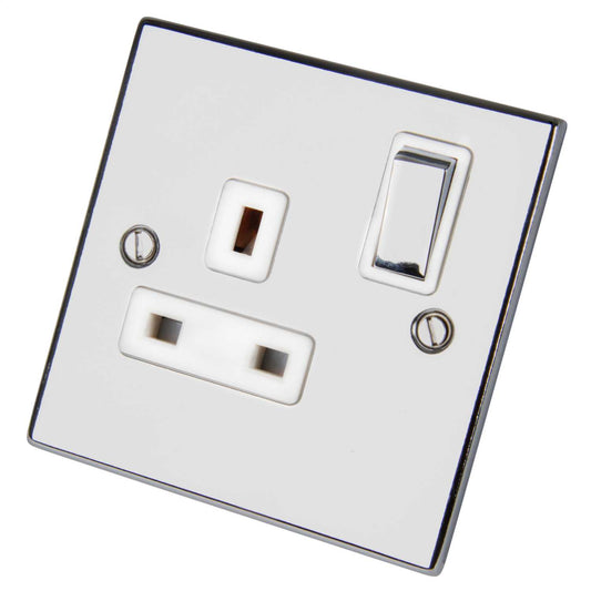 LGA Selectric 5M 13A 1 Gang Switched Socket Metal / White Insert Polished Chrome