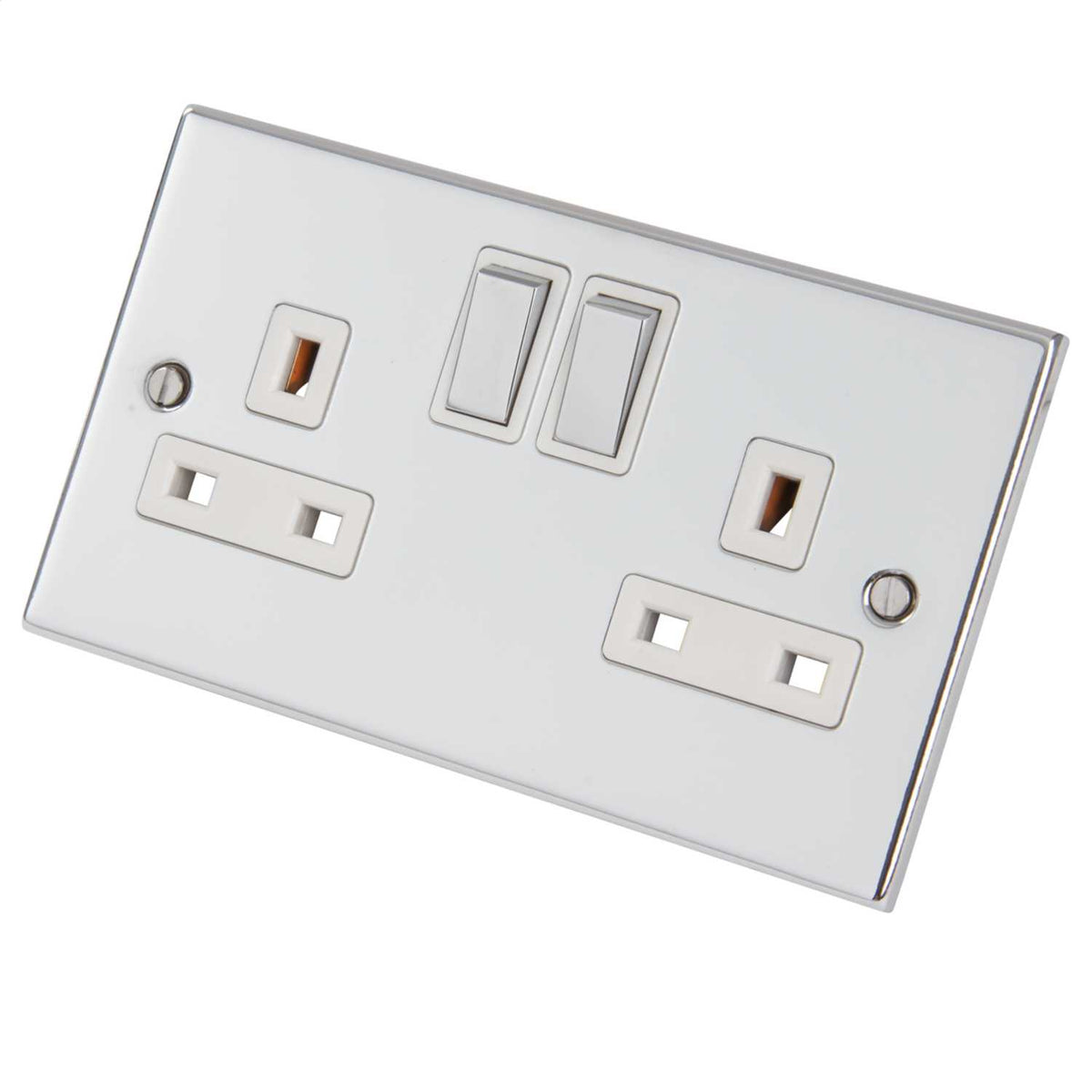 LGA Selectric 5M 13A DP 2 Gang Switched Socket Metal / White Insert Polished Chrome
