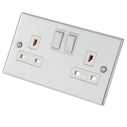 LGA Selectric 5M 13A DP 2 Gang Switched Socket Metal / White Insert Polished Chrome