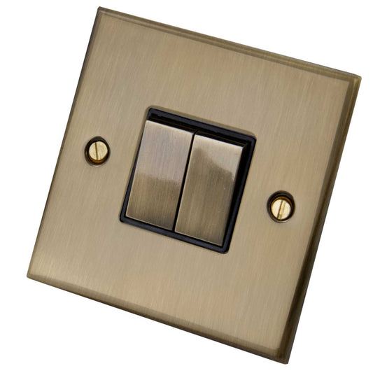 LGA Selectric 5M 10A 2 Gang 2 Way Switch Metal / Black Insert Antique Brass