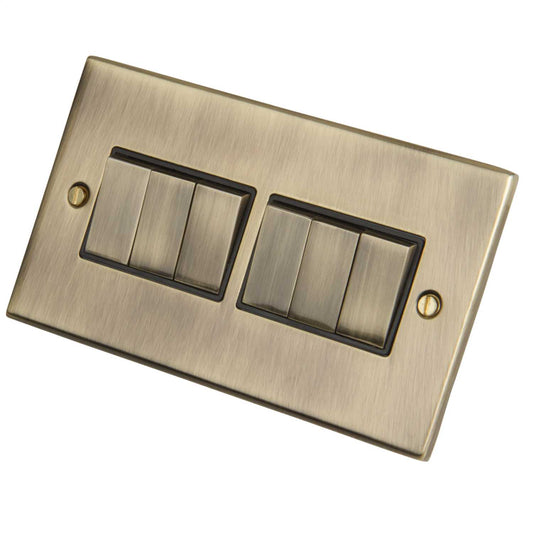 LGA Selectric 5M 10A 6 Gang 2 Way Switch Metal / Black Insert Antique Brass