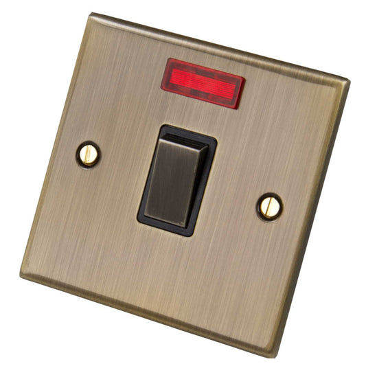 LGA Selectric 5M 20A Double Pole Switch with Neon Metal / Black Insert Antique Brass
