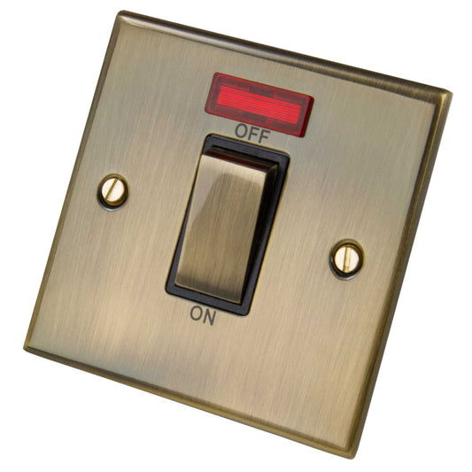 LGA Selectric 5M 45A DP 1 Gang Switch with Neon Metal / Black Insert Antique Brass