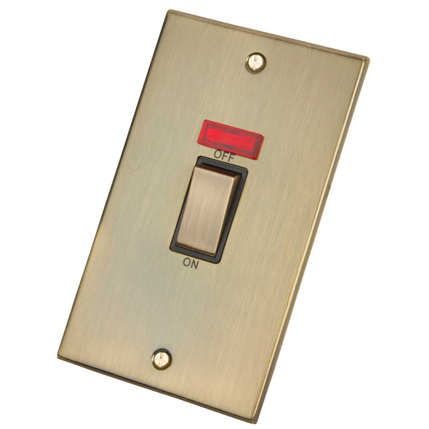 LGA Selectric 5M 45A DP 2 Gang Vertical Switch with Neon Metal / Black Insert Antique Brass