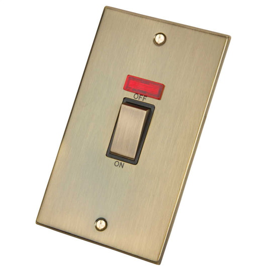 LGA Selectric 5M 45A DP 2 Gang Vertical Switch with Neon Metal / Black Insert Antique Brass