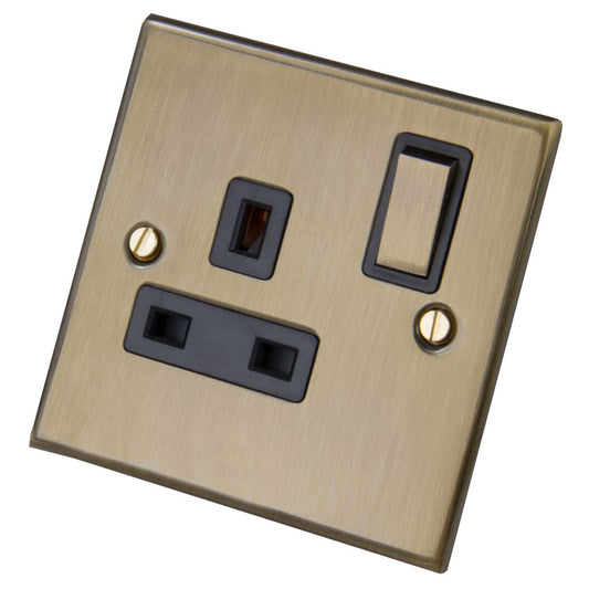 LGA Selectric 5M 13A 1 Gang DP Switched Socket Metal / Black Insert Antique Brass